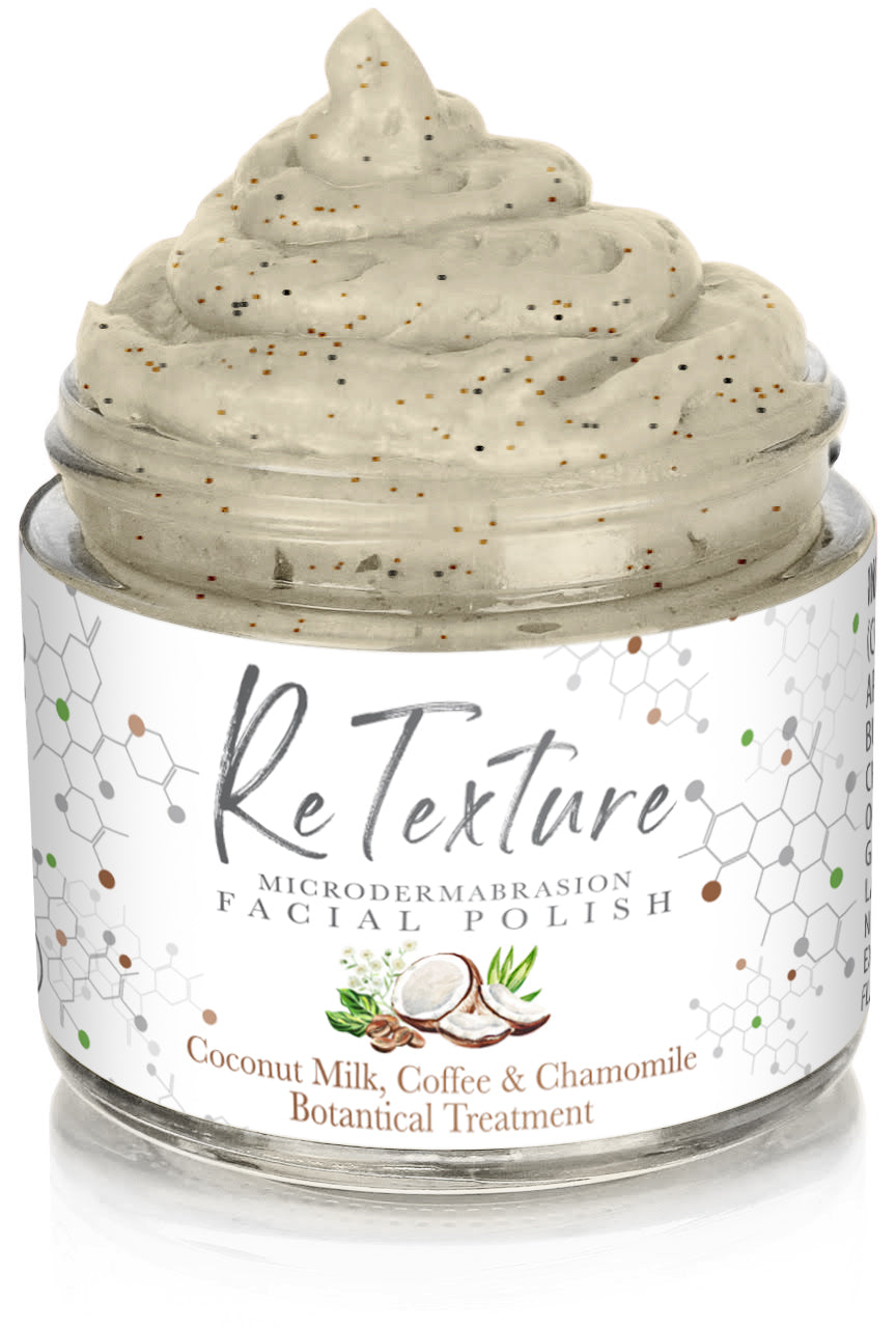 "ReTexture" Creamy Coconut Milk, Coffee & Chamomile (Limited Edition) - MicroDermabrasion Facial Polish and Botanical Facial Treatment (Vegan - 2.3oz Glass Jar) - Membrane Post Care Products Inc.